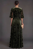 Floral Olive V-Neck A-Line Ruched Long Formal Dress with Sleeves