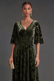Floral Olive V-Neck A-Line Ruched Long Formal Dress with Sleeves