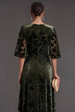Floral Olive V-Neck A-Line Ruched Long Formal Dress with Sleeves