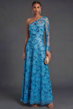 Blue Sparkly Sequins One Shoulder A-Line Long Formal Dess