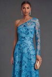 Blue Sparkly Sequins One Shoulder A-Line Long Formal Dess