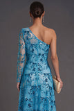 Blue Sparkly Sequins One Shoulder A-Line Long Formal Dess