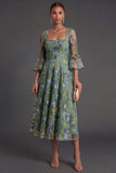 Dusty Sage Floral Square Neck A-Line Midi Formal Dress with Sleeves