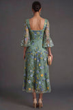 Dusty Sage Floral Square Neck A-Line Midi Formal Dress with Sleeves