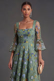 Dusty Sage Floral Square Neck A-Line Midi Formal Dress with Sleeves