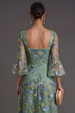 Dusty Sage Floral Square Neck A-Line Midi Formal Dress with Sleeves