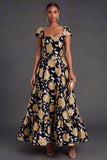 Black Gold Floral A-Line Square Neck Ruffled Long Formal Dress