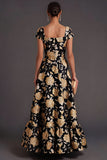 Black Gold Floral A-Line Square Neck Ruffled Long Formal Dress