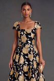 Black Gold Floral A-Line Square Neck Ruffled Long Formal Dress