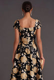 Black Gold Floral A-Line Square Neck Ruffled Long Formal Dress