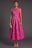 Fuchsia Floral Jacquard Boat Neck A-Line Midi Formal Dress