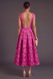 Fuchsia Floral Jacquard Boat Neck A-Line Midi Formal Dress