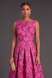 Fuchsia Floral Jacquard Boat Neck A-Line Midi Formal Dress