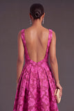 Fuchsia Floral Jacquard Boat Neck A-Line Midi Formal Dress