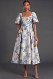 Dusty Blue Floral Jacquard Square Neck Midi Formal Dress with Sleeves