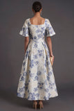 Dusty Blue Floral Jacquard Square Neck Midi Formal Dress with Sleeves