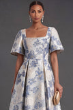 Dusty Blue Floral Jacquard Square Neck Midi Formal Dress with Sleeves