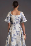 Dusty Blue Floral Jacquard Square Neck Midi Formal Dress with Sleeves