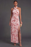 Pink Floral Halter Ruched Mermaid Long Formal Dress with Slit
