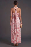 Pink Floral Halter Ruched Mermaid Long Formal Dress with Slit