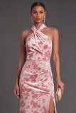 Pink Floral Halter Ruched Mermaid Long Formal Dress with Slit