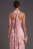 Pink Floral Halter Ruched Mermaid Long Formal Dress with Slit