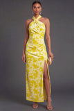 Pink Floral Halter Ruched Mermaid Long Formal Dress with Slit