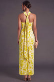 Pink Floral Halter Ruched Mermaid Long Formal Dress with Slit