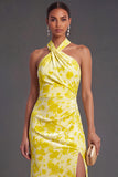 Pink Floral Halter Ruched Mermaid Long Formal Dress with Slit