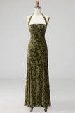 Olive Floral Halter A-Line Long Formal Dress
