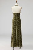 Olive Floral Halter A-Line Long Formal Dress