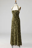 Olive Floral Halter A-Line Long Formal Dress