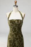 Olive Floral Halter A-Line Long Formal Dress