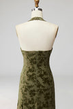 Olive Floral Halter A-Line Long Formal Dress