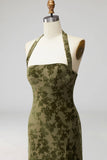 Olive Floral Halter A-Line Long Formal Dress