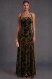 Olive Floral Halter A-Line Long Formal Dress