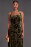 Olive Floral Halter A-Line Long Formal Dress