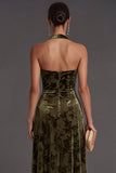 Olive Floral Halter A-Line Long Formal Dress