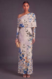 Floral Ivory One Shoulder Mermaid Long Formal Dress with Sleeves