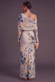 Floral Ivory One Shoulder Mermaid Long Formal Dress with Sleeves