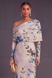 Floral Ivory One Shoulder Mermaid Long Formal Dress with Sleeves
