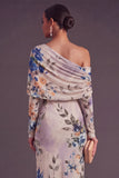 Floral Ivory One Shoulder Mermaid Long Formal Dress with Sleeves