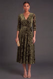 Olive Floral V-Neck A-Line Midi Formal Dress with Sleeves