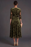 Olive Floral V-Neck A-Line Midi Formal Dress with Sleeves