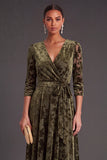 Olive Floral V-Neck A-Line Midi Formal Dress with Sleeves