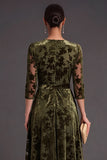 Olive Floral V-Neck A-Line Midi Formal Dress with Sleeves