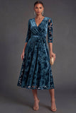 Olive Floral V-Neck A-Line Midi Formal Dress with Sleeves
