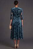Olive Floral V-Neck A-Line Midi Formal Dress with Sleeves