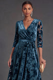 Olive Floral V-Neck A-Line Midi Formal Dress with Sleeves