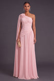 Light Pink Chiffon Floral Ruched A-Line Long Wedding Guest Dress with Cape